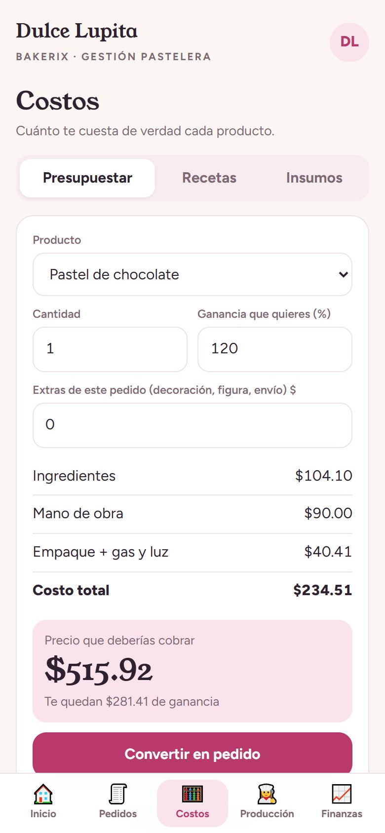 Pantalla del presupuestador de Bakerix