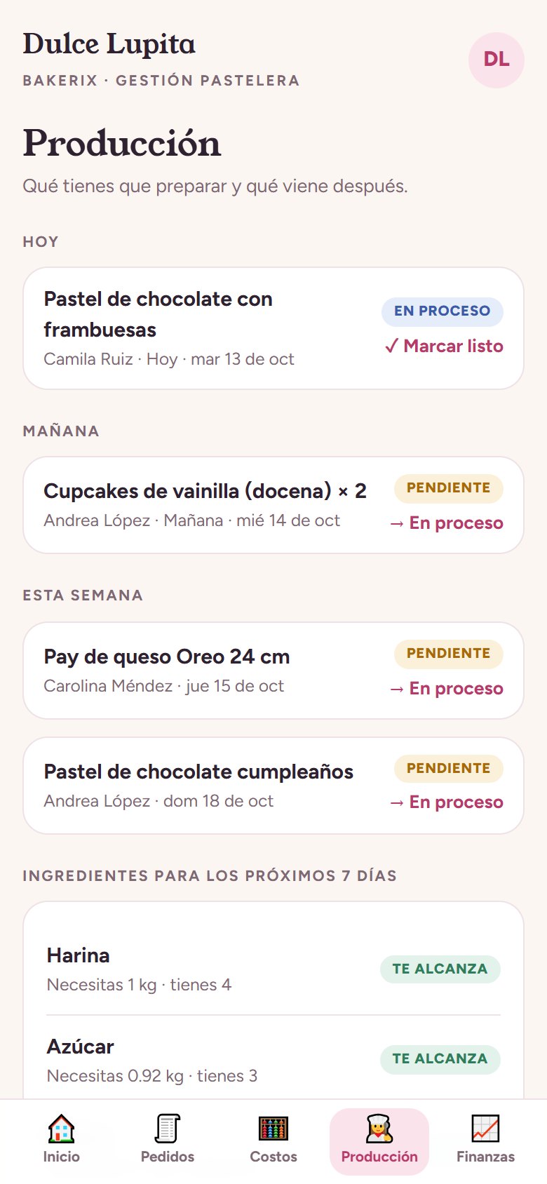 Pantalla de producción de Bakerix